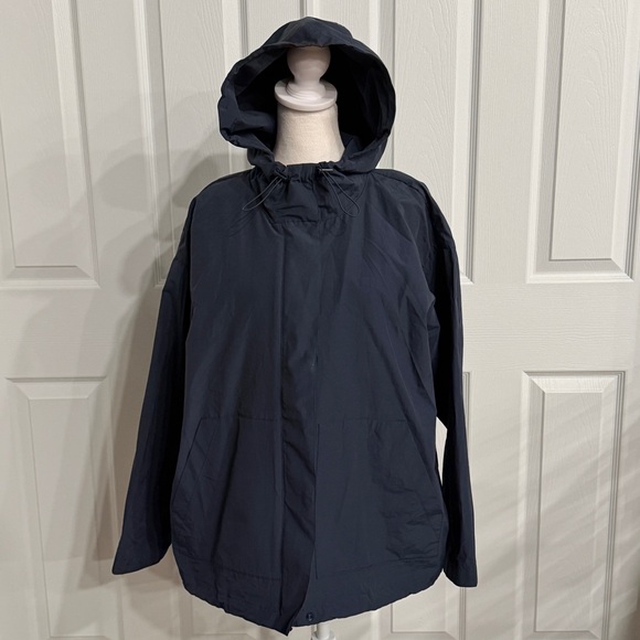 Eileen Fisher Jacket Navy Nylon Cotton Hood Relax Lagenlook Classic Minimal P/S - Picture 2 of 12
